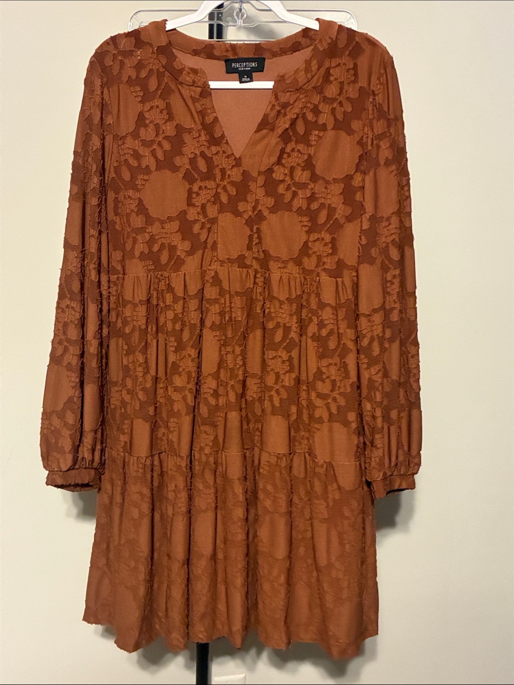 Perceptions Brown Floral Jacquard Textured Tiered Long-Sleeve Dress Medium